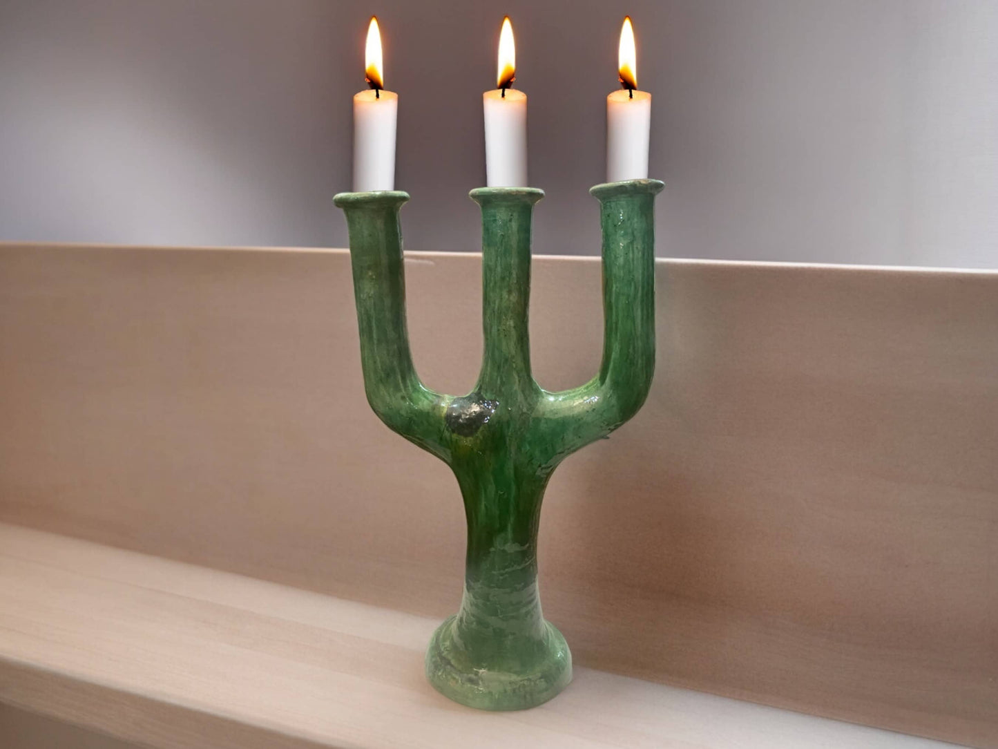 Moroccan Green Tamegroute Large 3-Branch Candlestick Holder