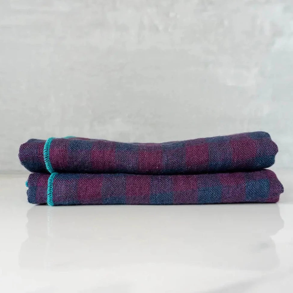 100% Linen Purple Gingham Dinner Napkins, Set of 2