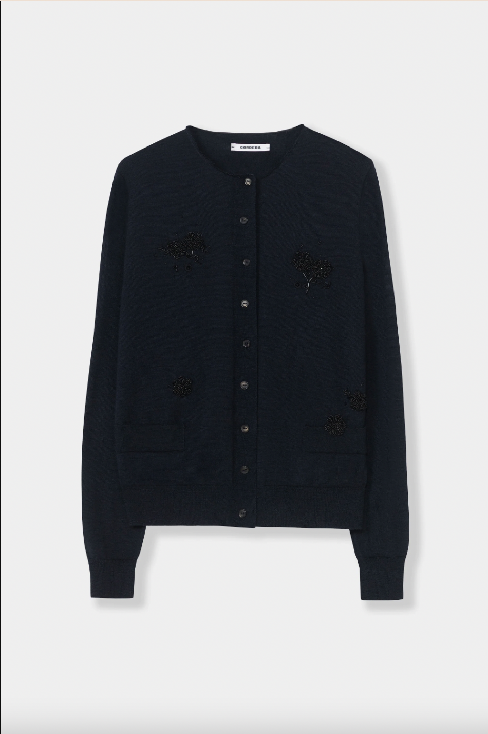 Merino Wool Embellished Cardigan, Navy