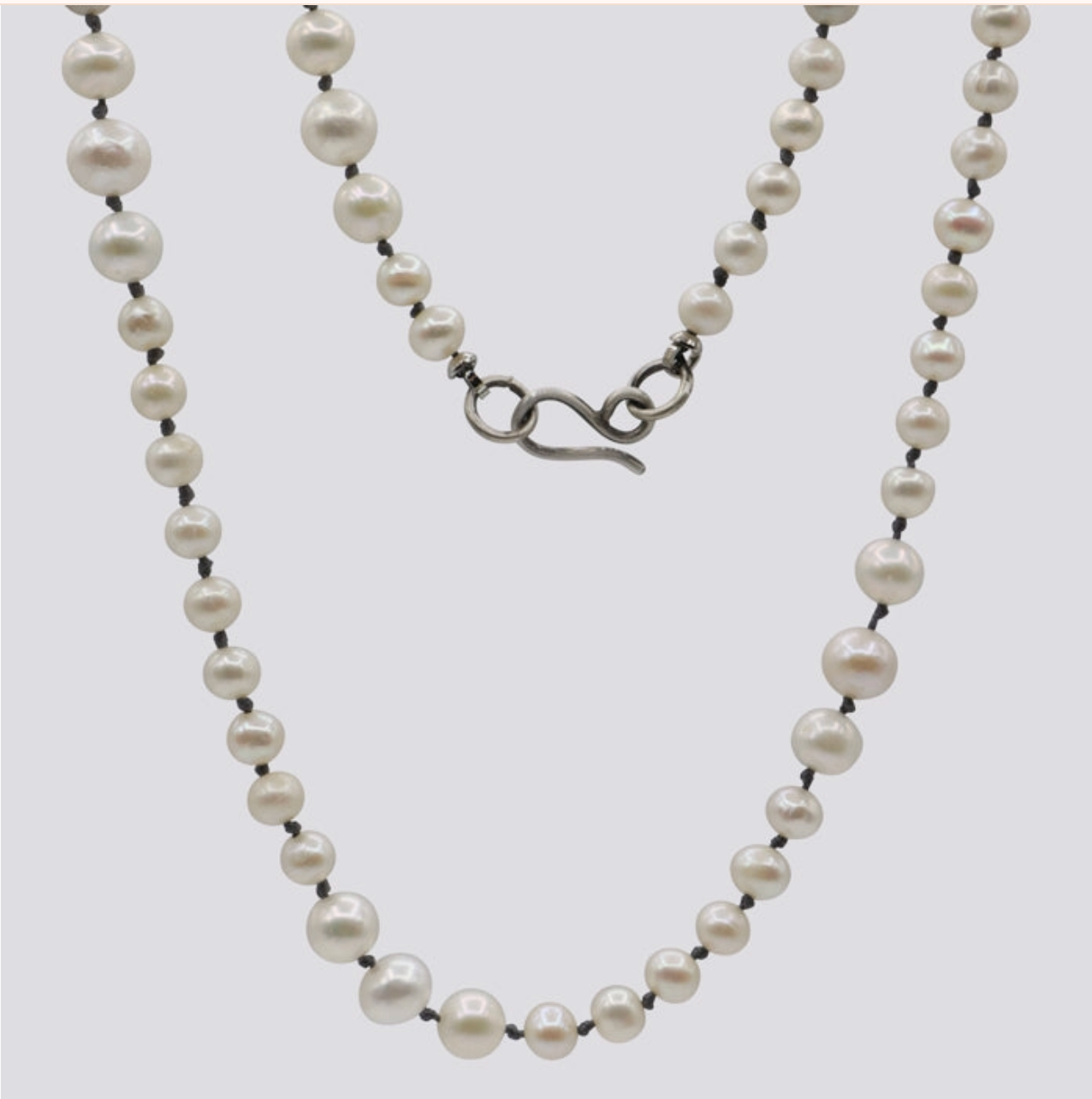 Knotted White Pearl Necklace - Grey Thread