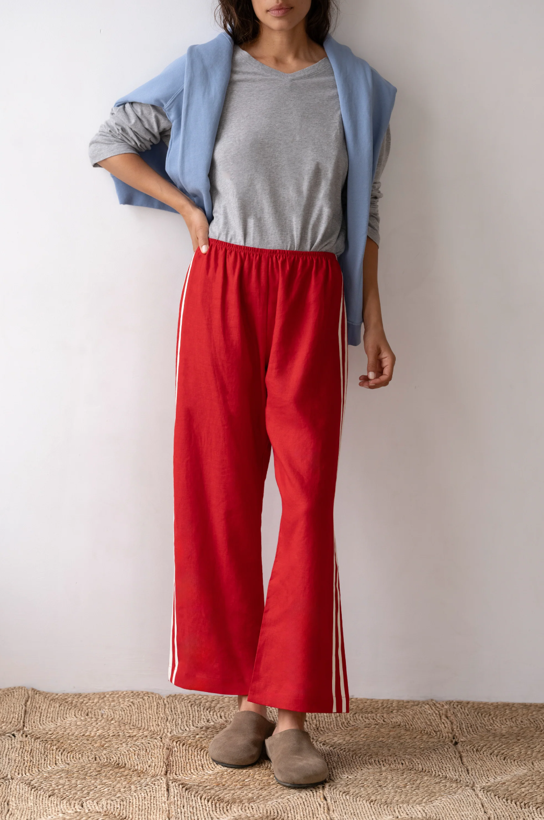 Linen Stripe Crop Racer Pant, Bell Pepper