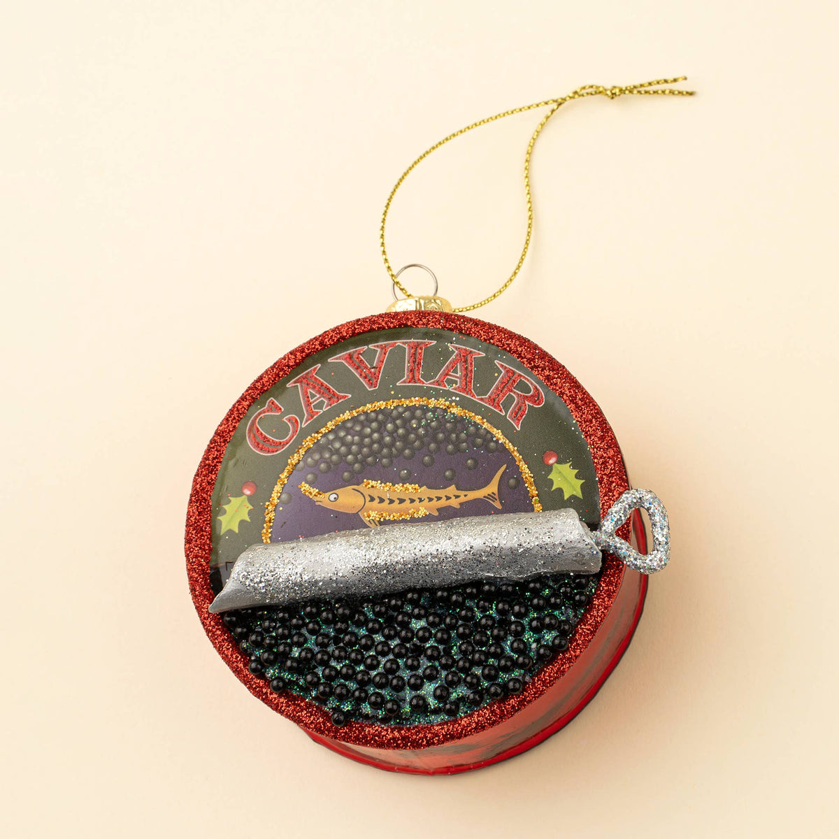 Caviar Glass Ornament, Red Glitter