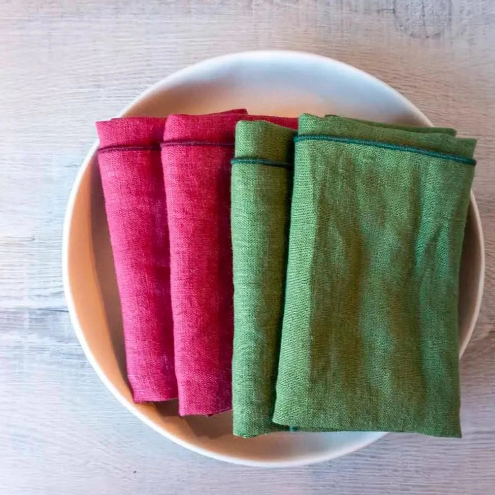 100% Linen Christmas Red Cloth Dinner Napkins, Set of 2