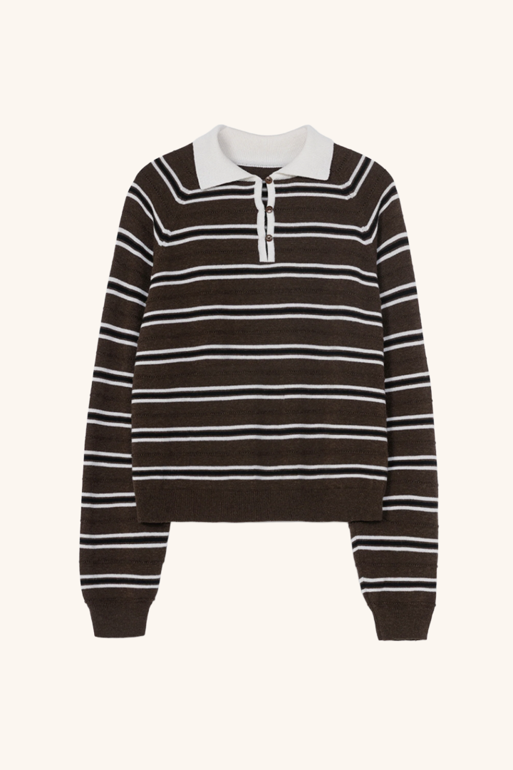 Merino Wool Striped Polo, Brown