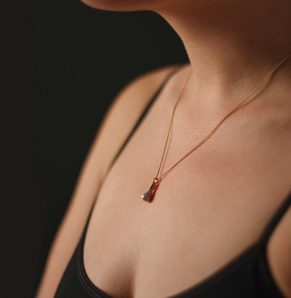 Graduation Gift Joan Hornig Lightbulb necklace with pave white diamonds and 18k gold vermeil