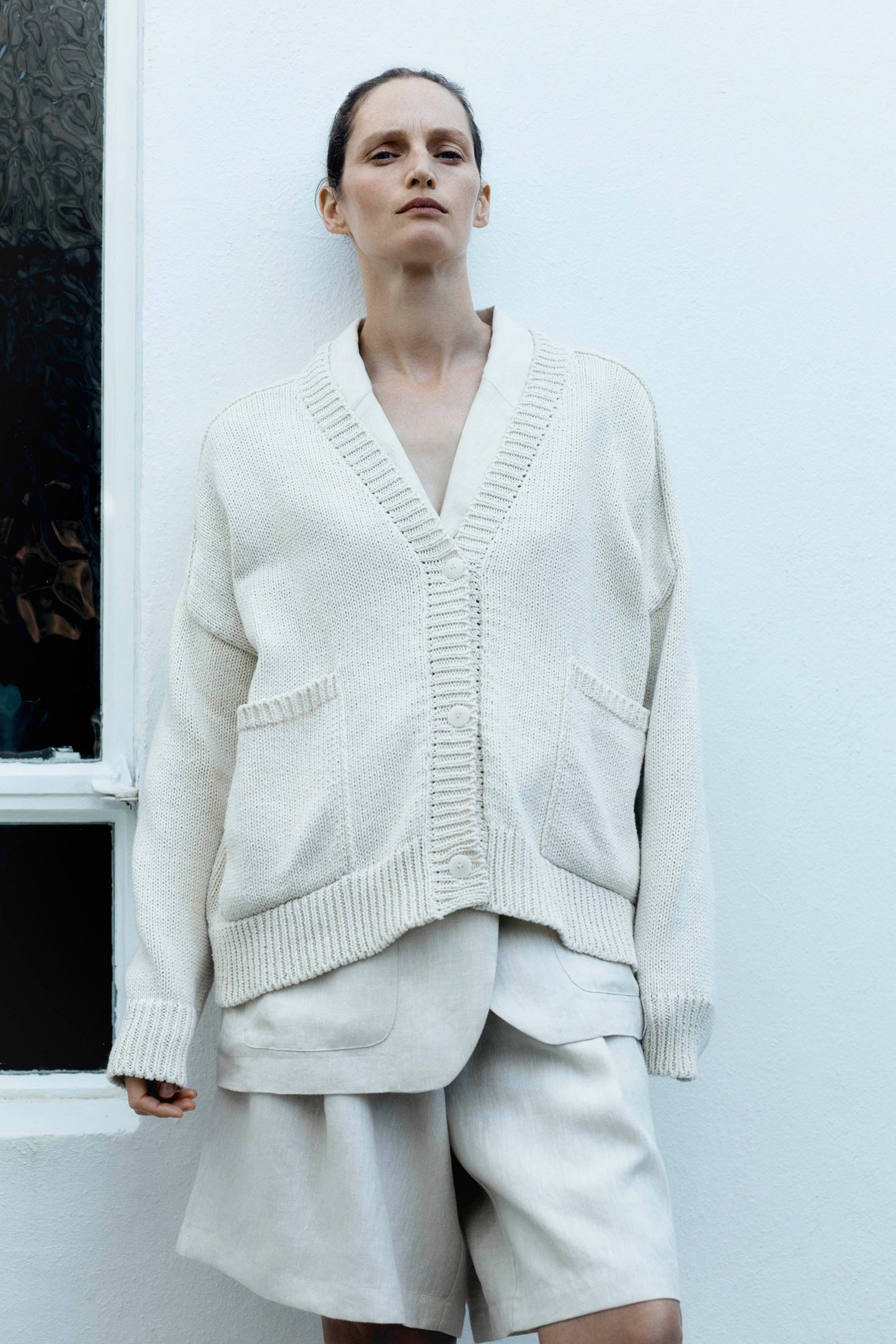 Cotton Saddle Cardigan, Natural