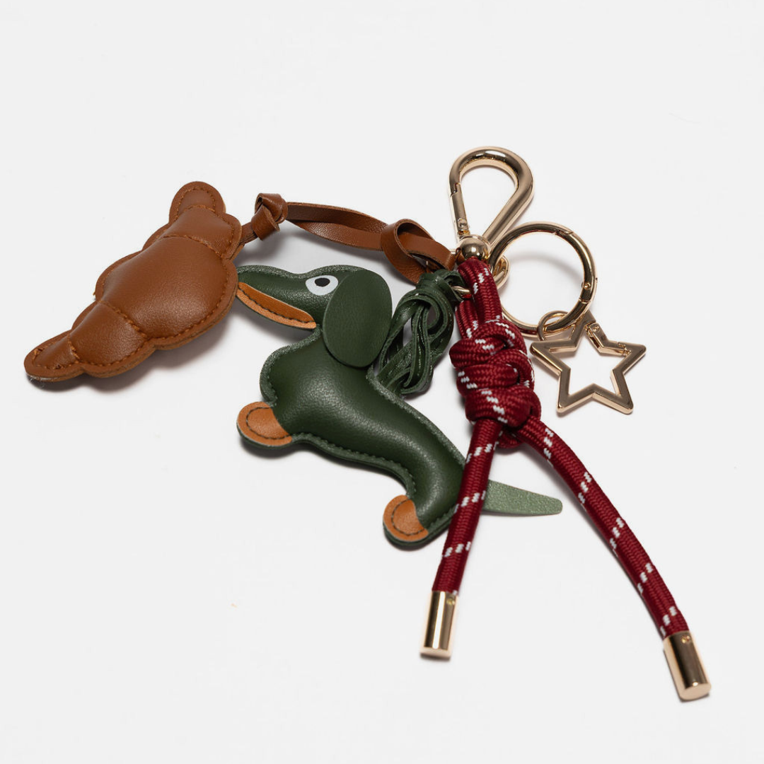 Bag Charm - Burgundy SafariDog & Croissant
