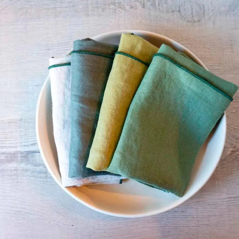 Curated 100% Linen Dinner Napkins Evergreen Mix,  4 Pack