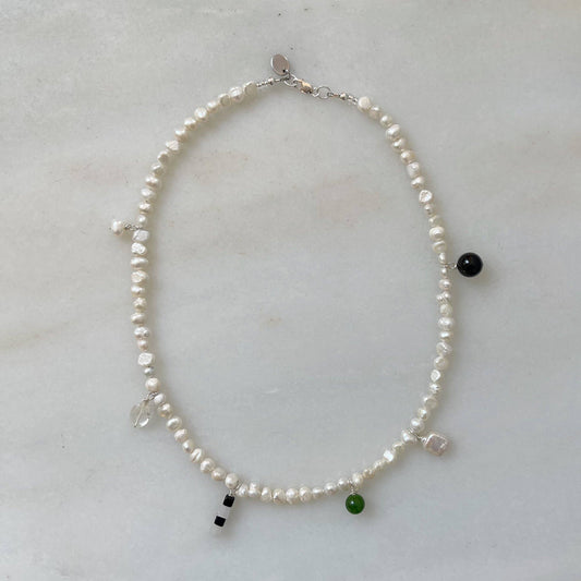 Frosted Pearl Charm Necklace: 18"