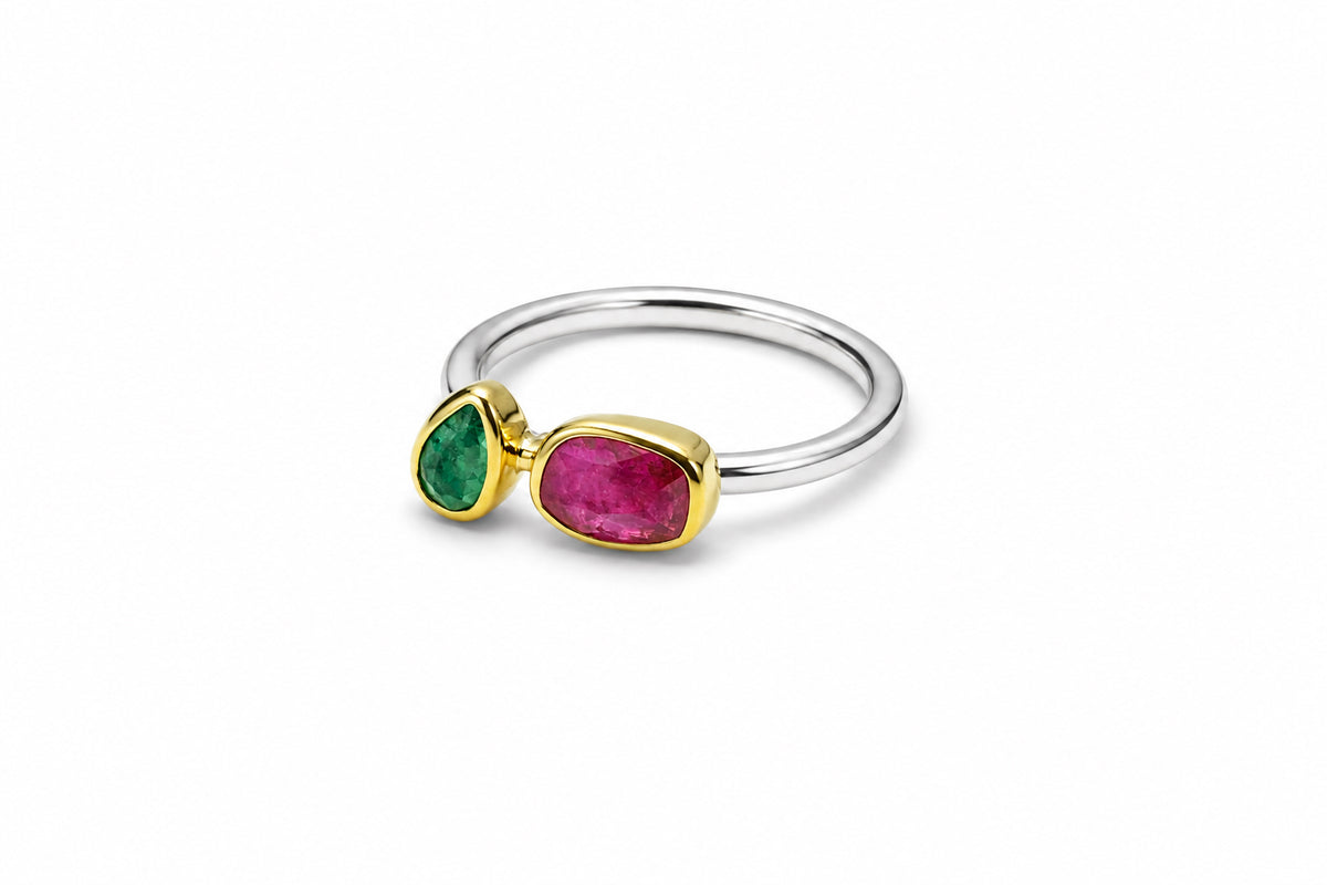 Red Tourmaline & Emerald Ring
