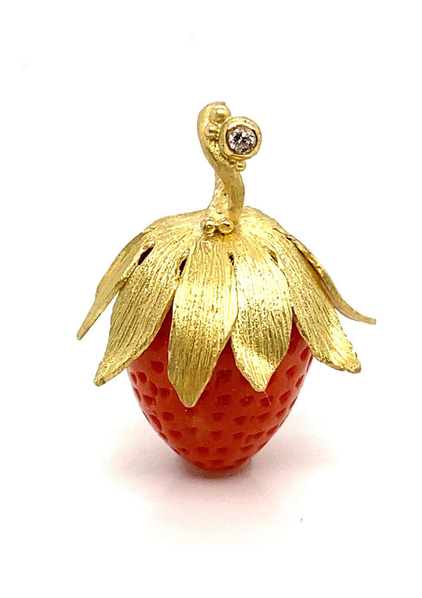 Coral Strawberry & 18K Gold Pendant