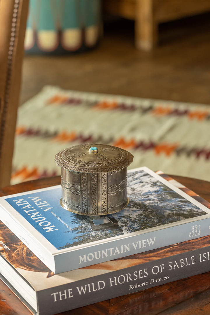 Stamped Round Box with Turquoise and Lid