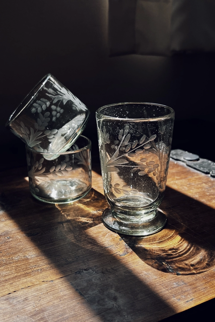 Hand-etched Footed Glass - Wine