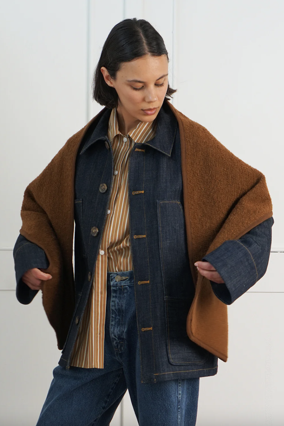 Denim Barn Jacket with Removable Boucle scarf