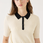 Celia Waffle Pointelle Cotton Polo Top, Ecru Black