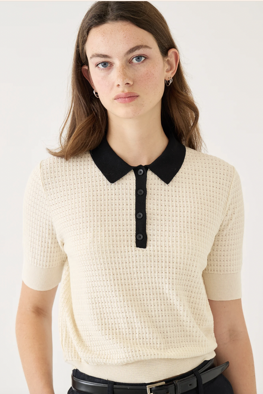 Celia Waffle Pointelle Cotton Polo Top, Ecru Black