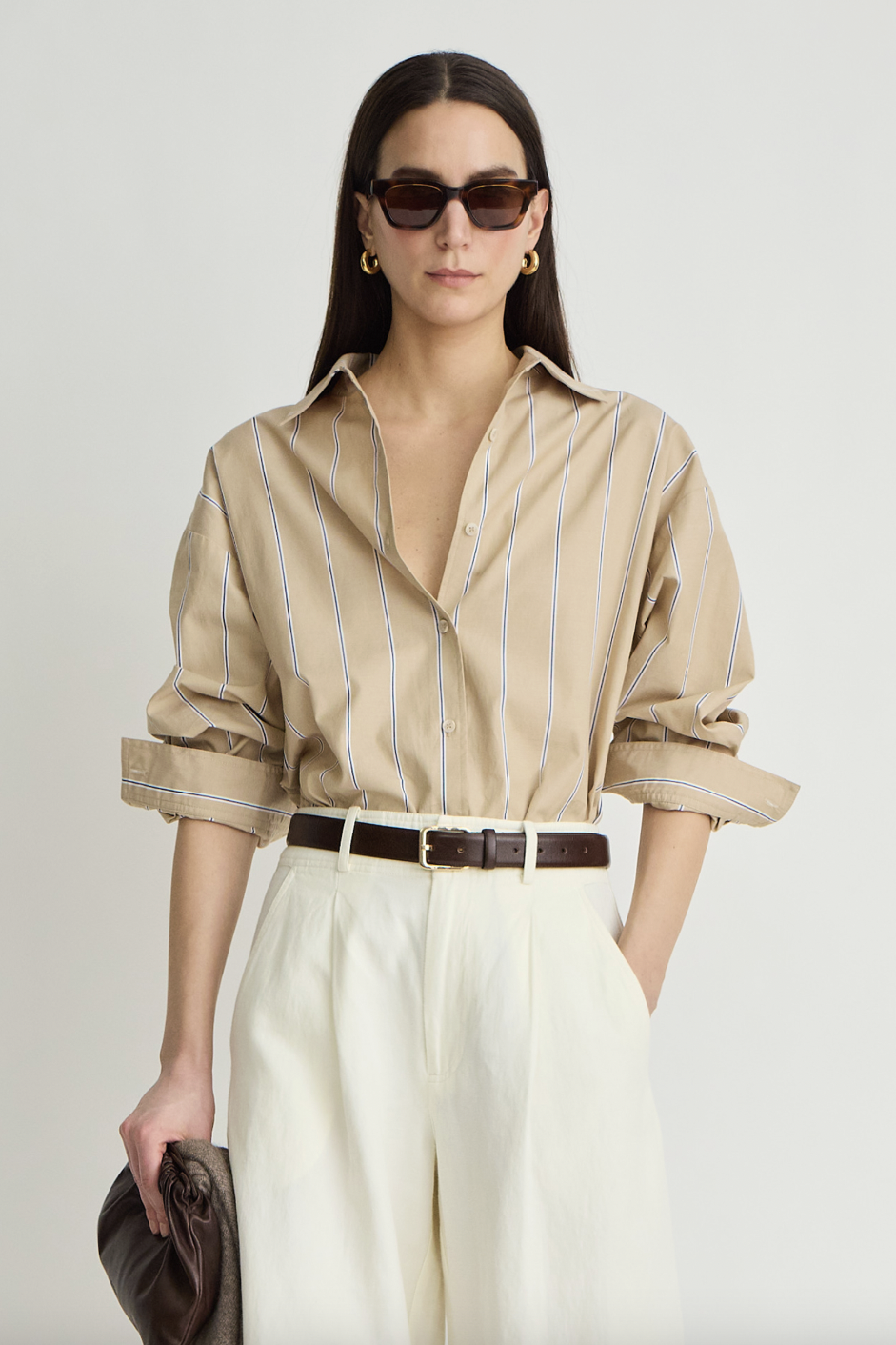 Isolde Button Down, Sand & Blue Stripe