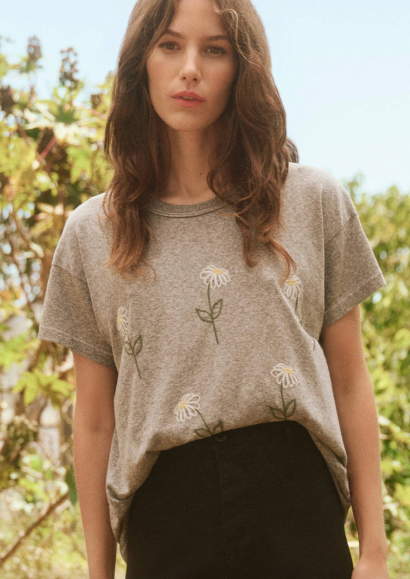 The Boxy Crew with Sunflower Embroidery, Heather Grey