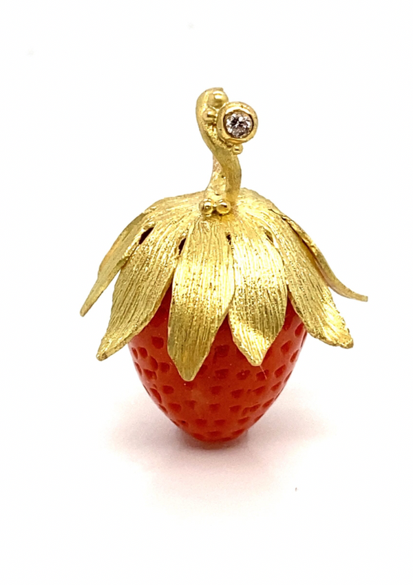 Coral Strawberry & 18K Gold Pendant