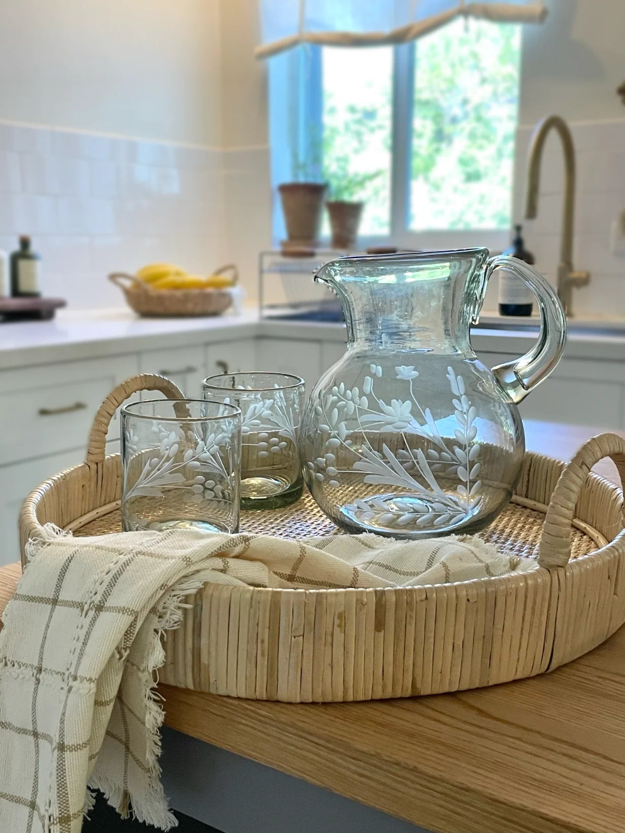 Hand-etched Blown Petite Pitcher