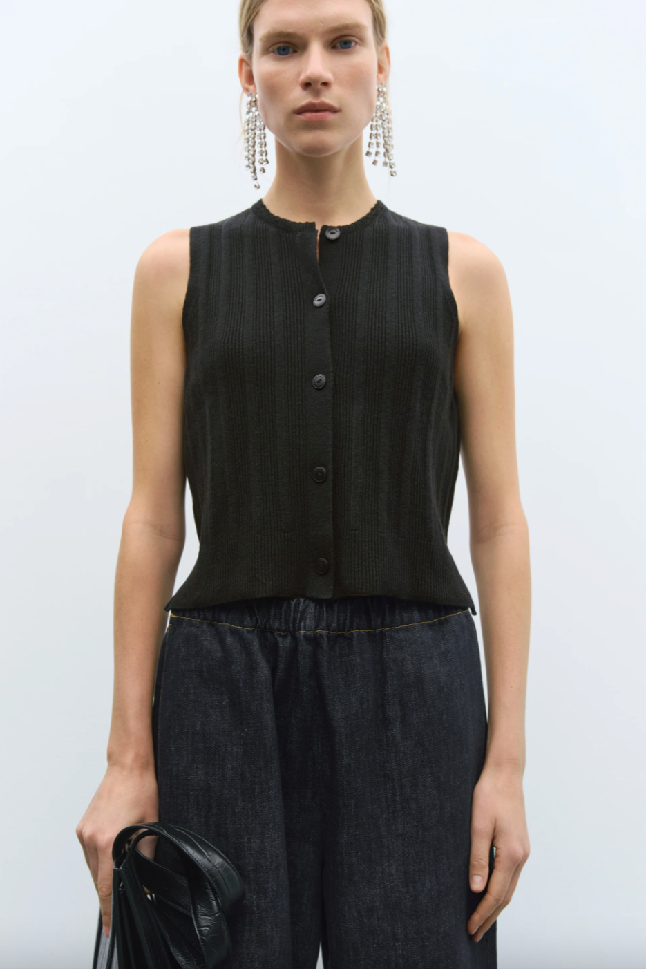 Merino Wool Ribbed Waistcoat Black