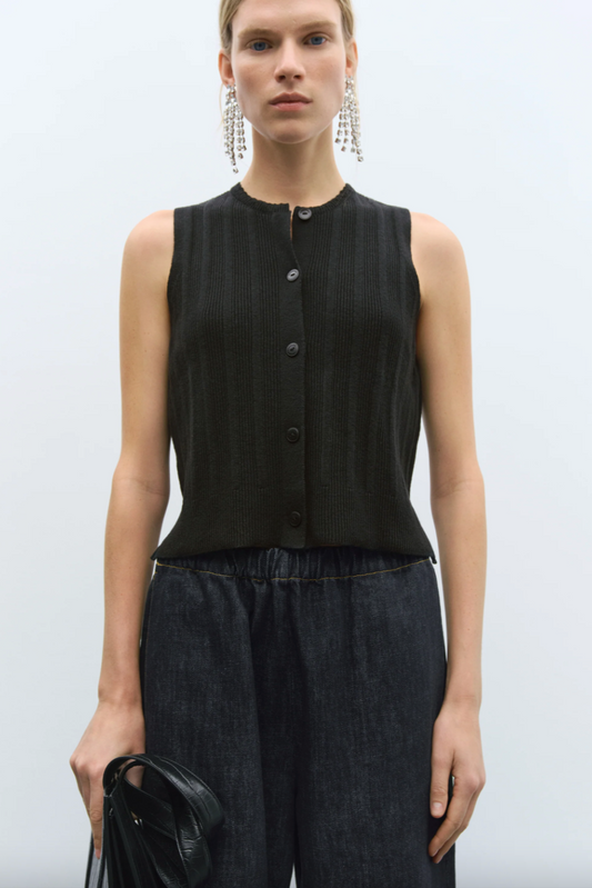 Merino Wool Ribbed Waistcoat Black