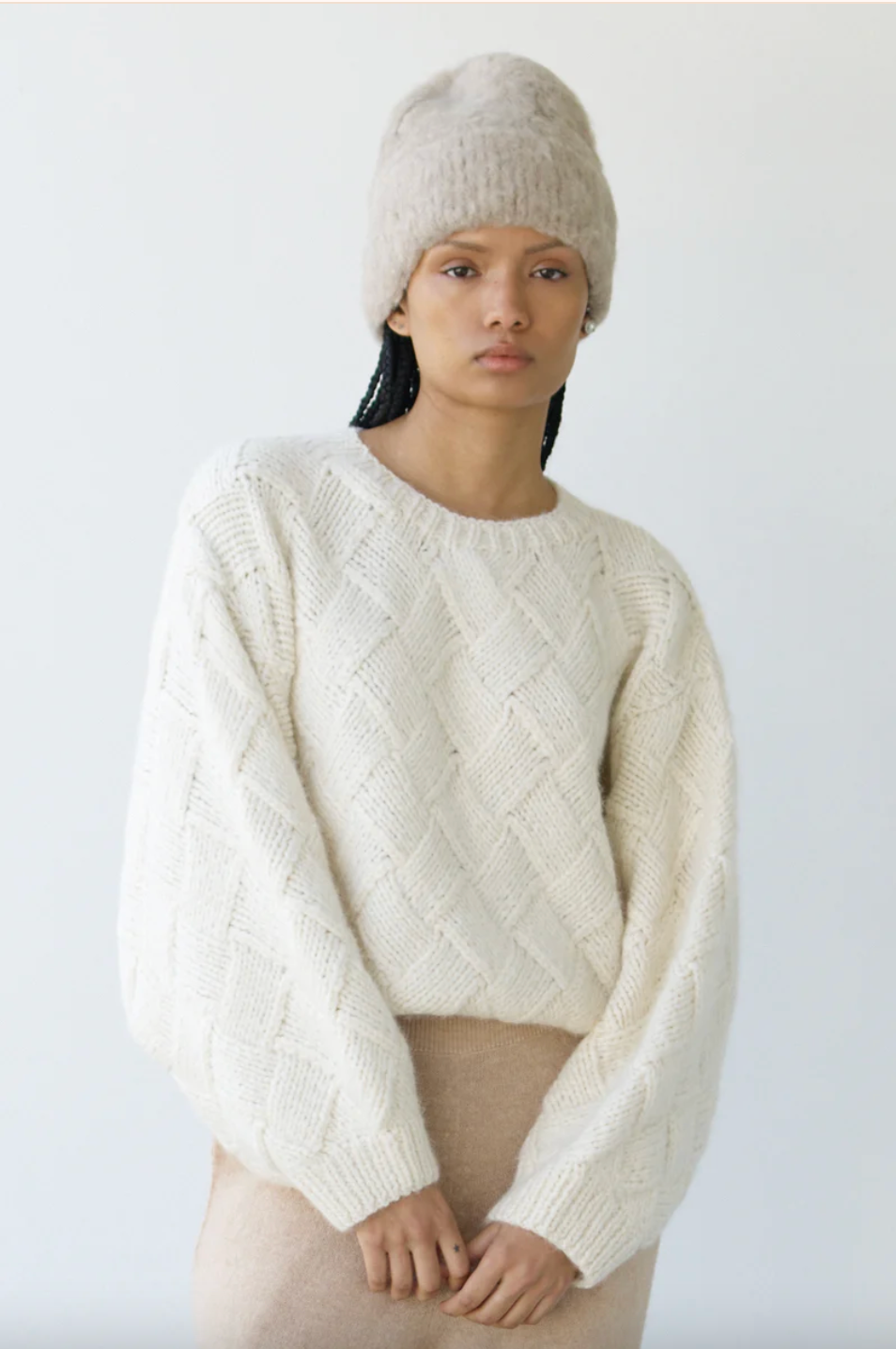 Balloon Sleeve Entrelac Sweater, Cream