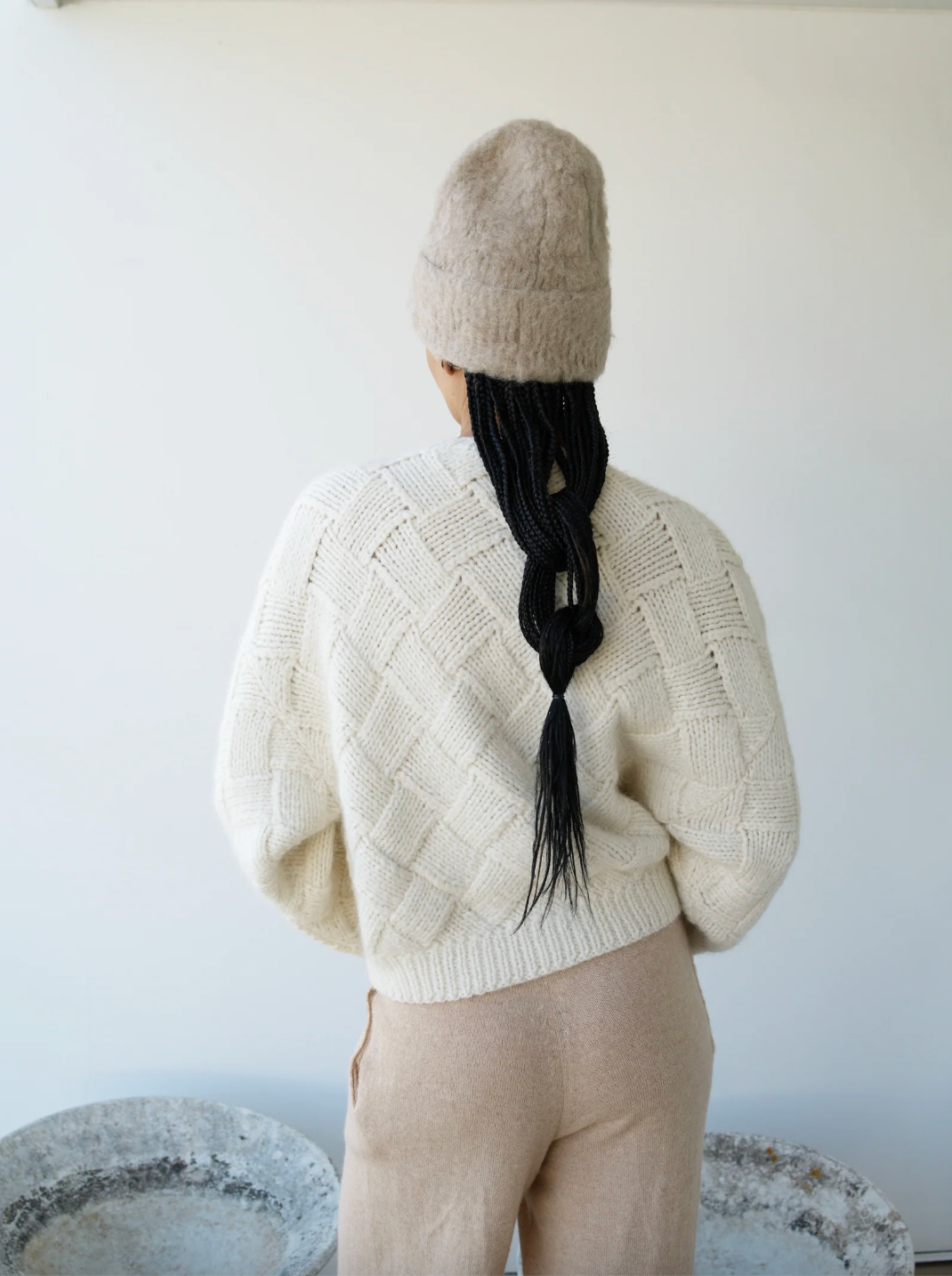 Balloon Sleeve Entrelac Sweater, Cream