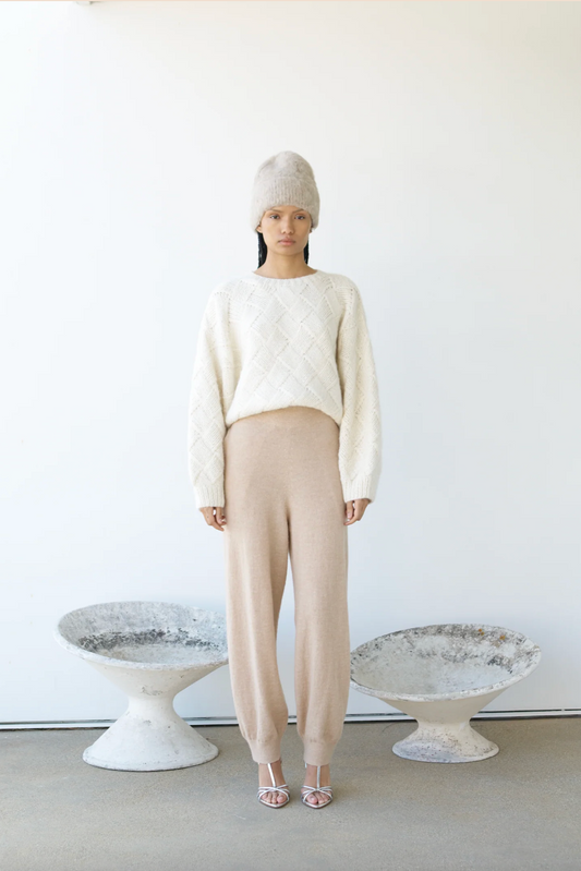 Balloon Sleeve Entrelac Sweater, Cream