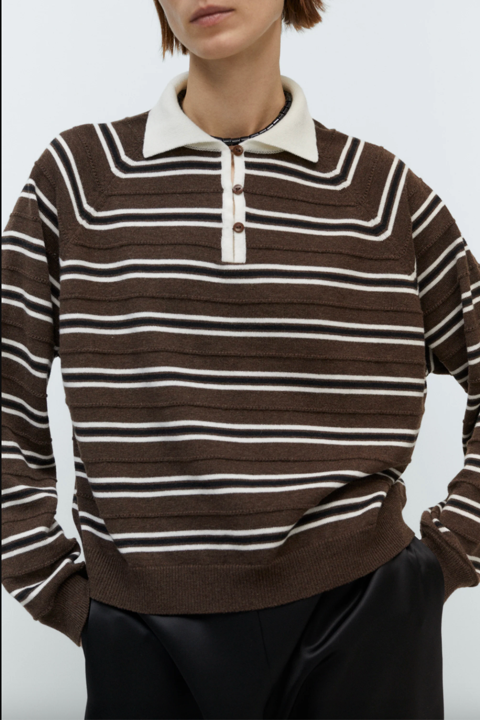 Merino Wool Striped Polo, Brown