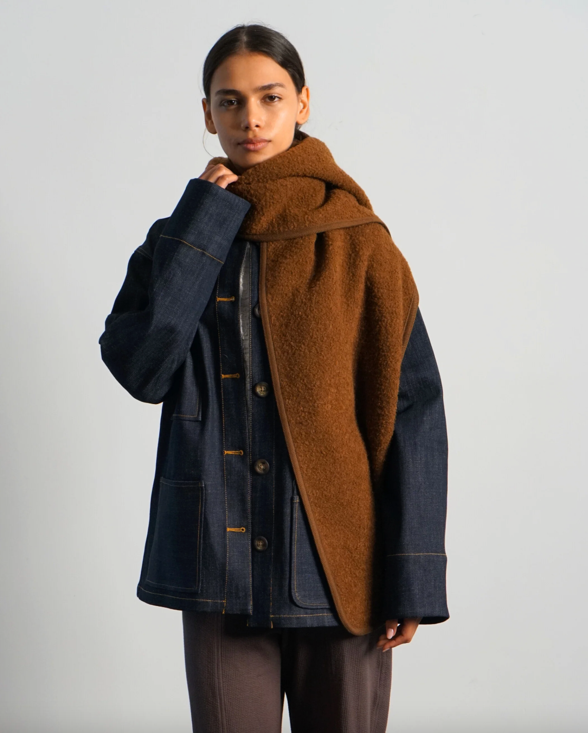 Denim Barn Jacket with Removable Boucle scarf