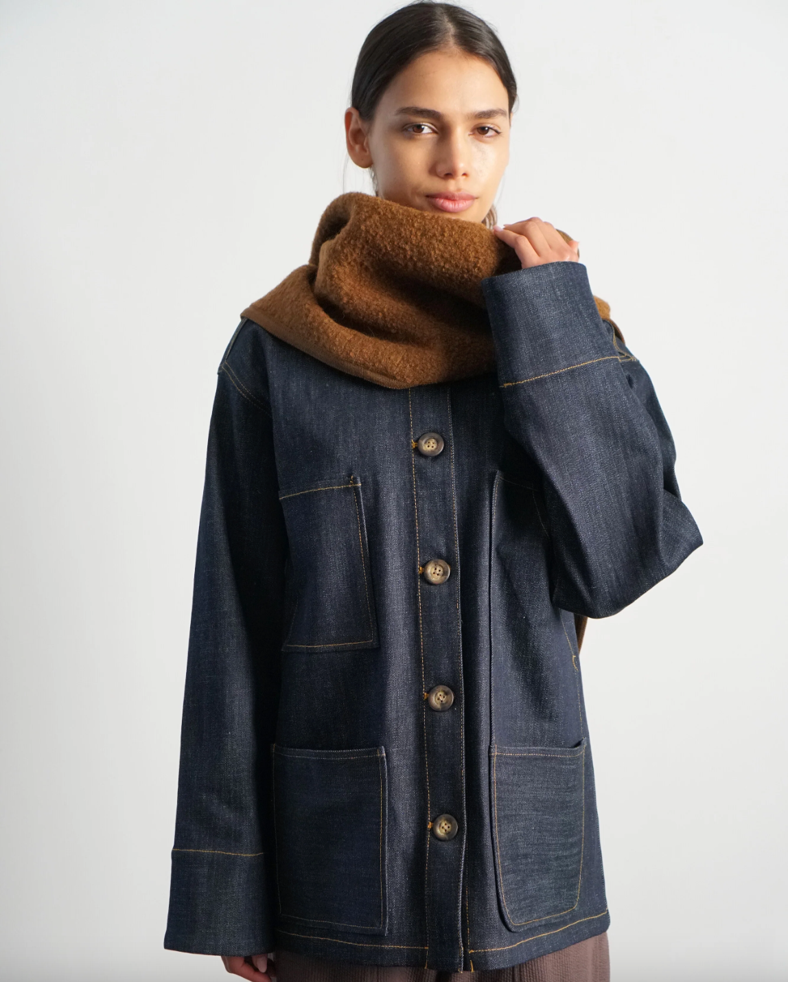 Denim Barn Jacket with Removable Boucle scarf