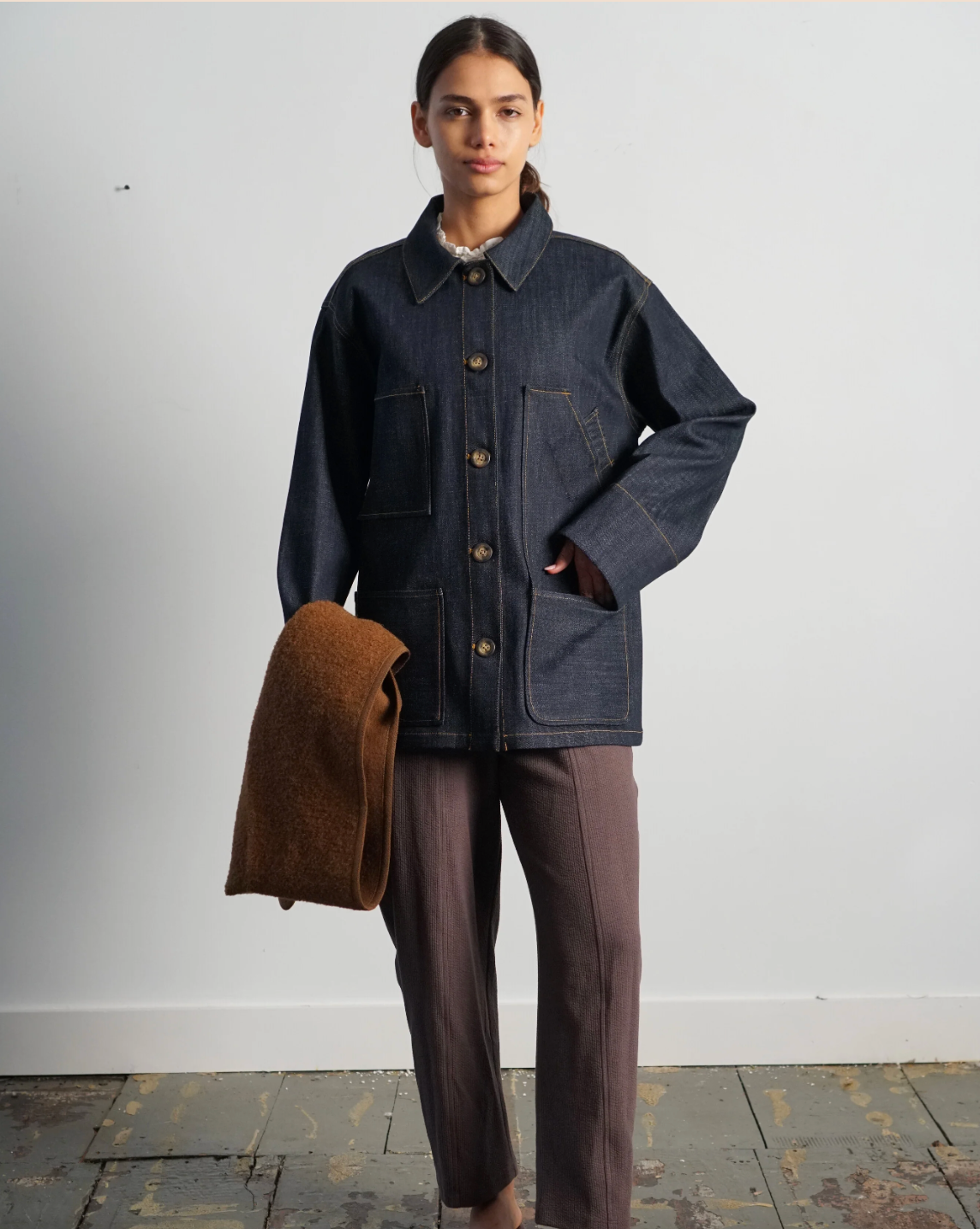 Denim Barn Jacket with Removable Boucle scarf