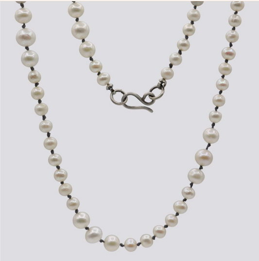 Knotted White Pearl Necklace - Grey Thread