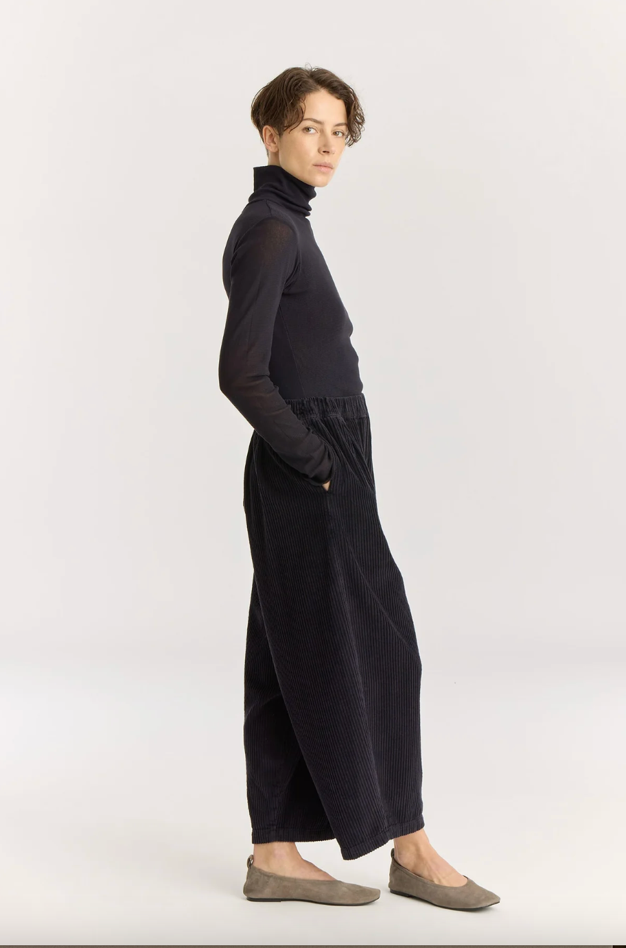 Corduroy Wide Pants, Dark Navy