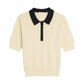 Celia Waffle Pointelle Cotton Polo Top, Ecru Black