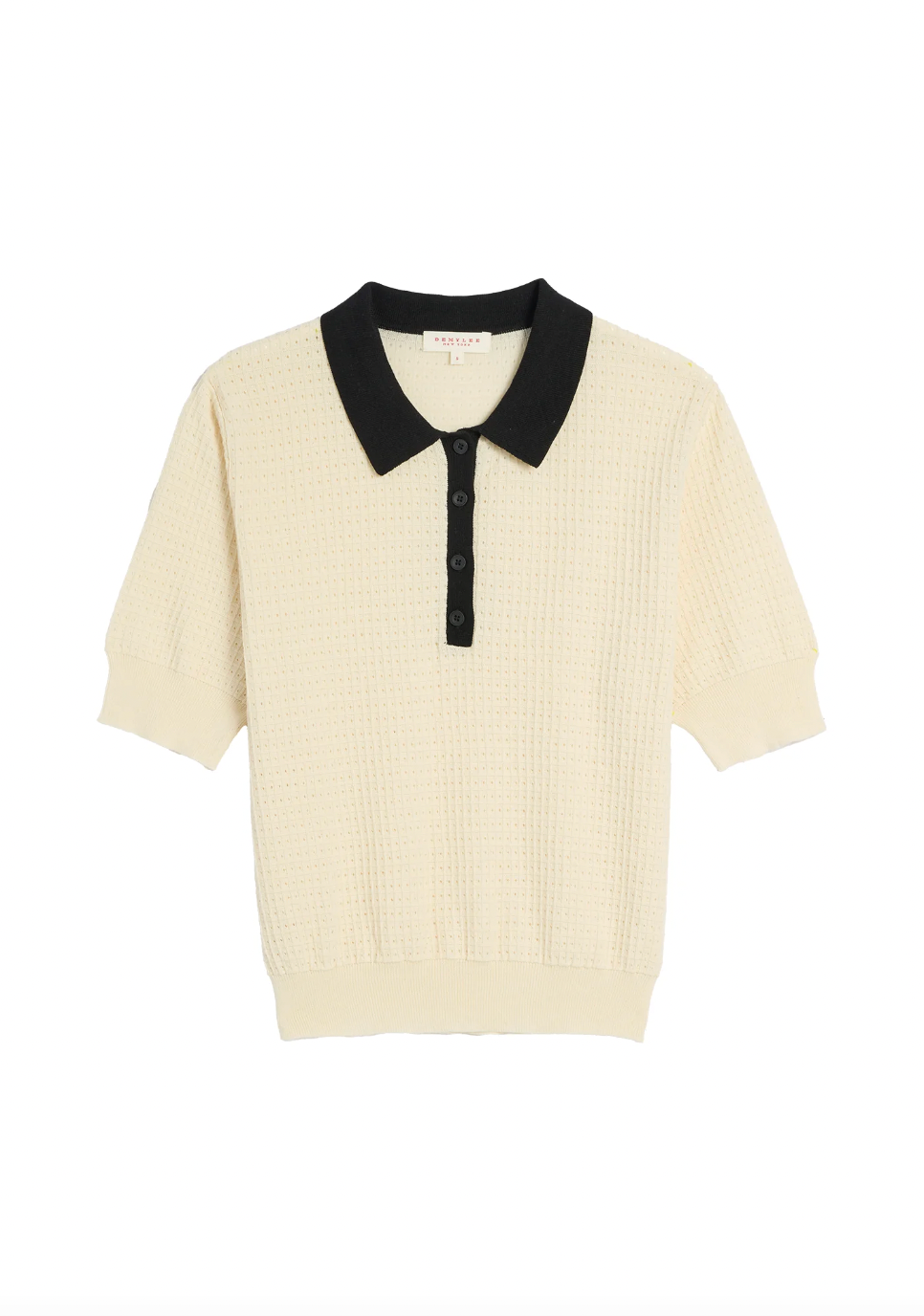 Celia Waffle Pointelle Cotton Polo Top, Ecru Black