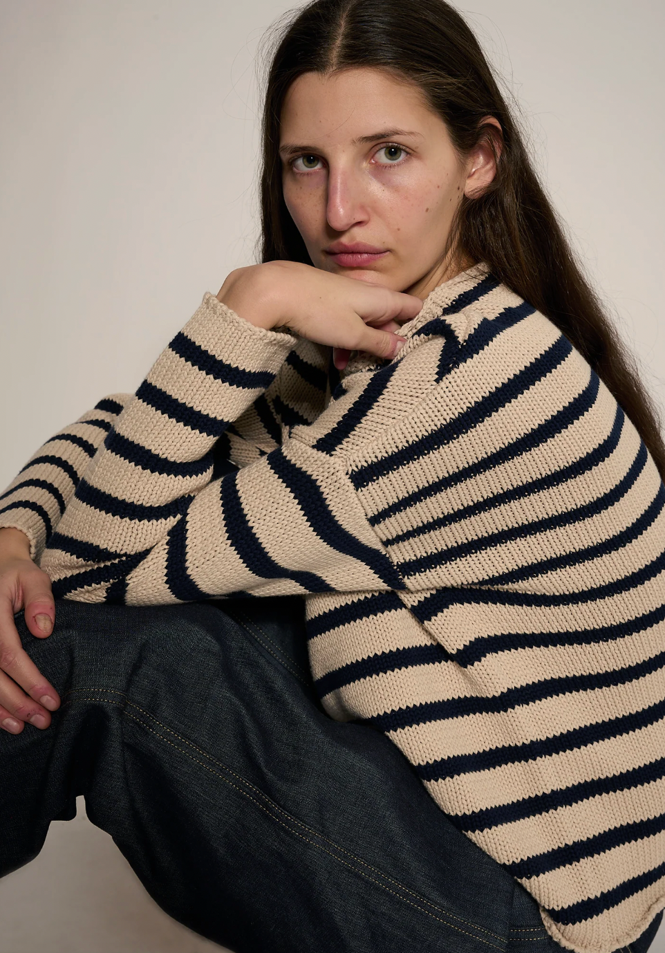 Lamis Stripe Cotton Sweater, Natural Navy