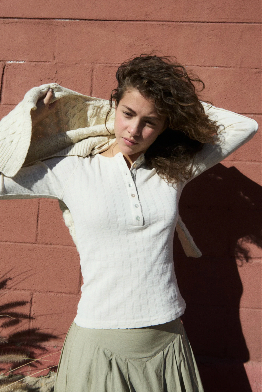 Pointelle Henley tee, Cream