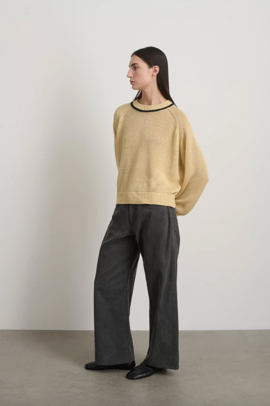 Lind Ringer Crewneck, Wheat/Black Linen