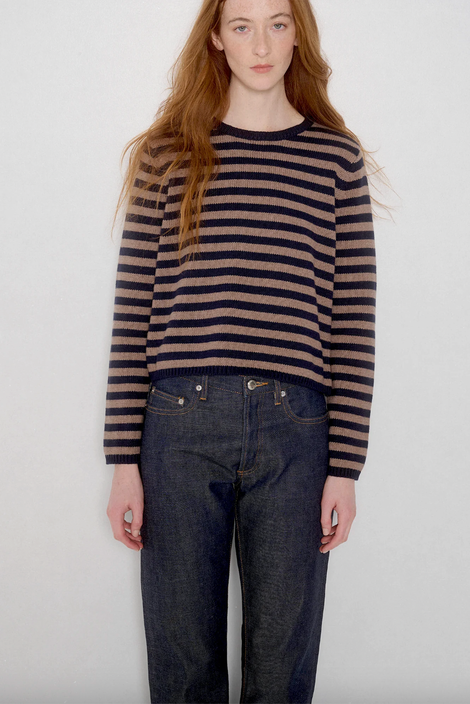 Melina Stripe Cotton Cashmere Sweater, Navy
