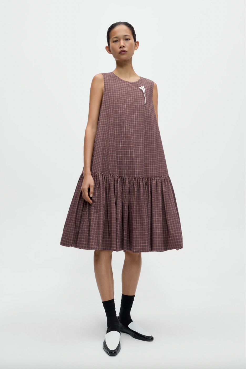 Checked Balloon Dress, Brown/Navy