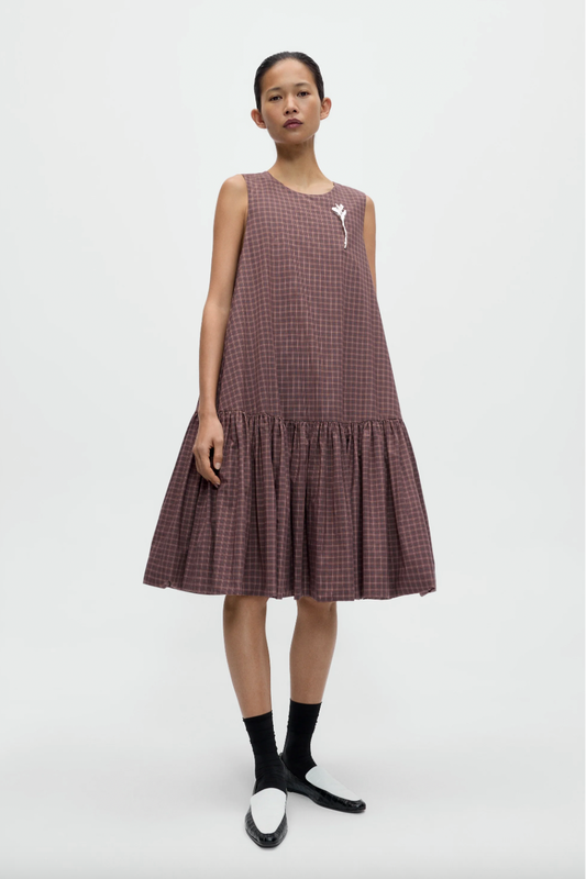 Checked Balloon Dress, Brown/Navy