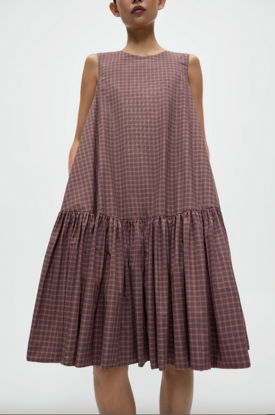 Checked Balloon Dress, Brown/Navy