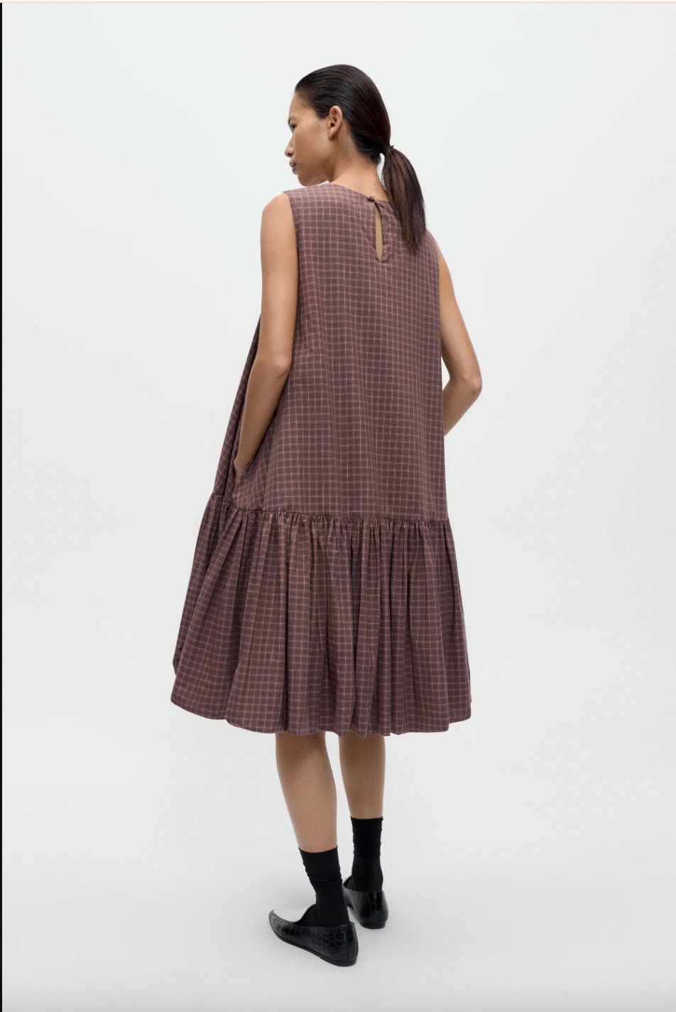 Checked Balloon Dress, Brown/Navy