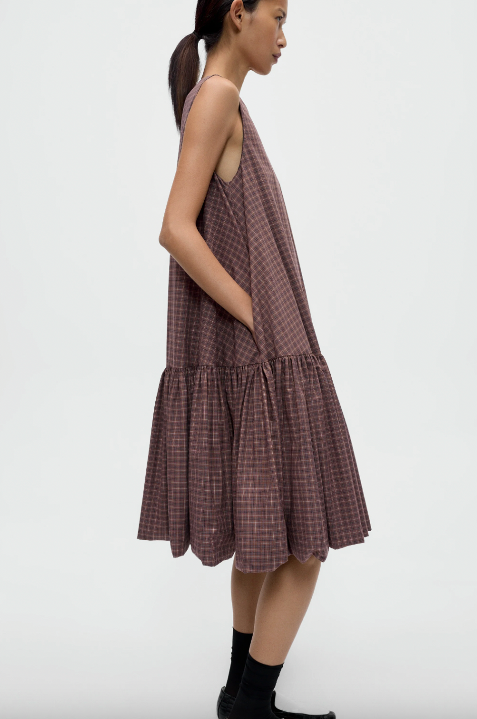 Checked Balloon Dress, Brown/Navy