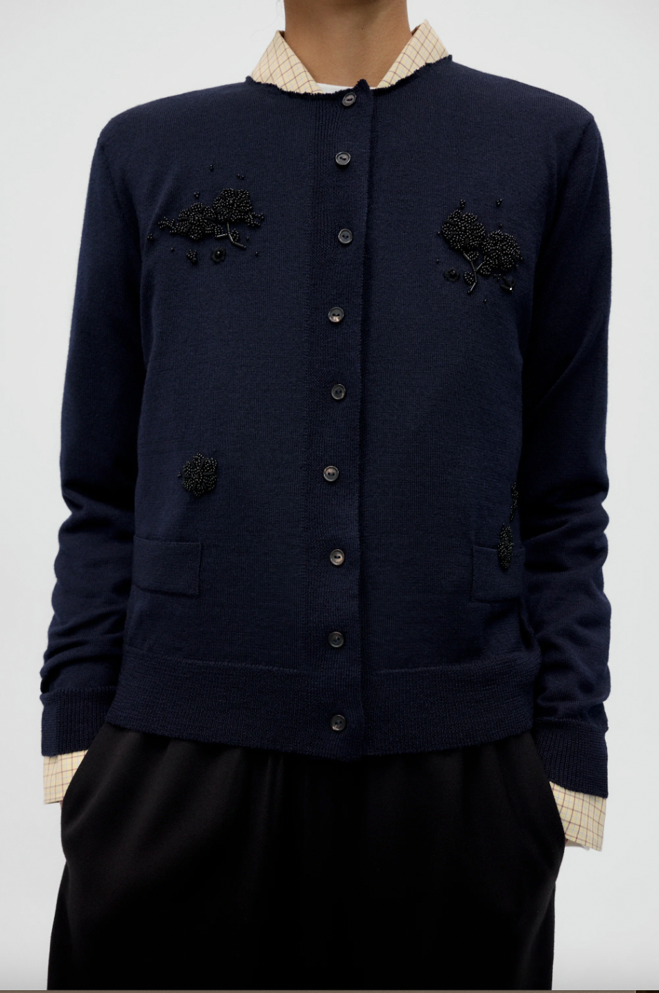 Merino Wool Embellished Cardigan, Navy