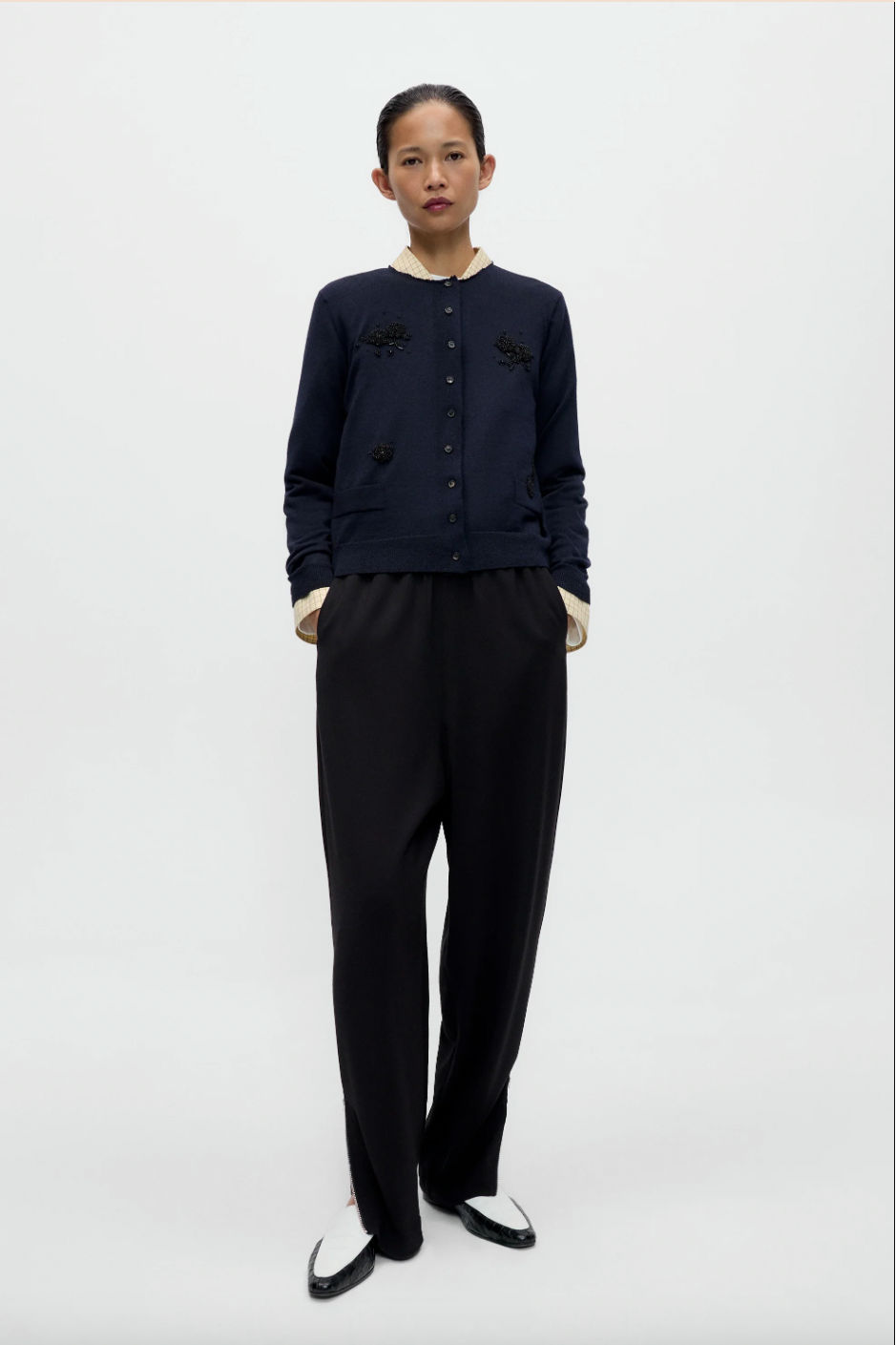 Merino Wool Embellished Cardigan, Navy