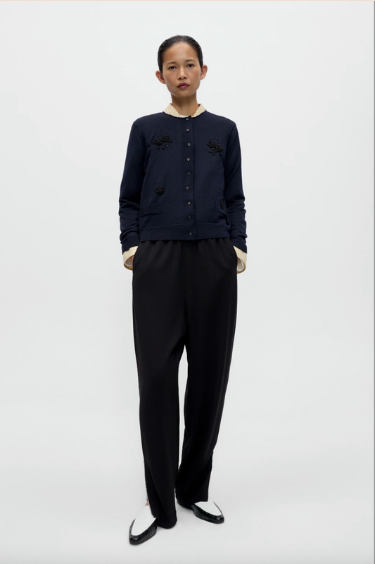 Merino Wool Embellished Cardigan, Navy