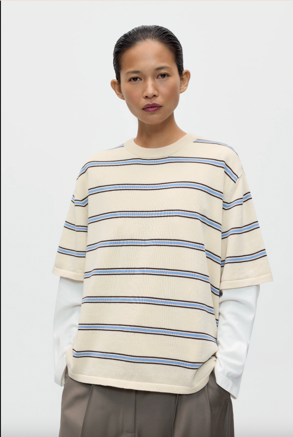 Organic Cotton Striped T-Shirt, Ecru/Baby Blue